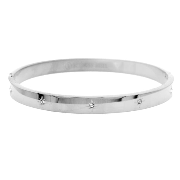 Silver Stainless Steel CZ Starburst Bangle Bracelet