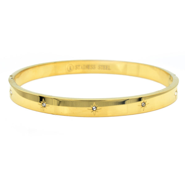 Gold Stainless Steel CZ Starburst Bangle Bracelet