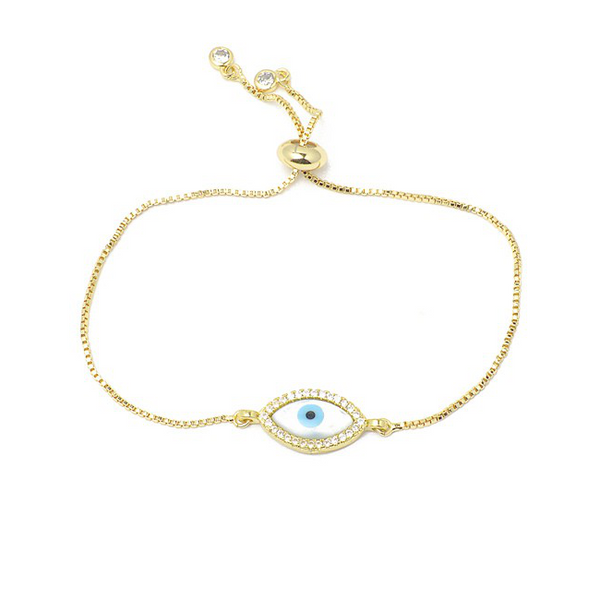 Gold CZ Evil Eye Pull Tie Adjustable Bracelet