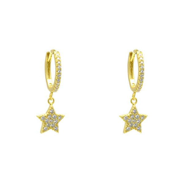 Sterling Silver Gold Plated CZ Pave Star Dangle Earring