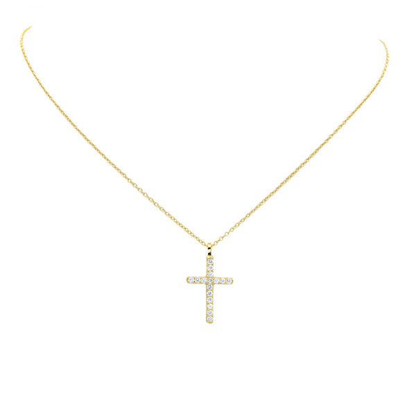 Sterling Silver Gold Plated CZ Cross Pendant Necklace