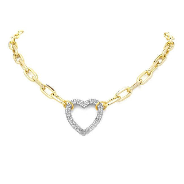Gold Linked Chain Necklace with Silver CZ Heart Station