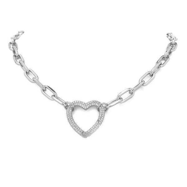 Silver Linked Chain Necklace with CZ Heart Station