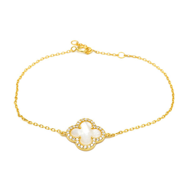 Sterling Silver Gold Plated CZ Clover Chain Bracelet