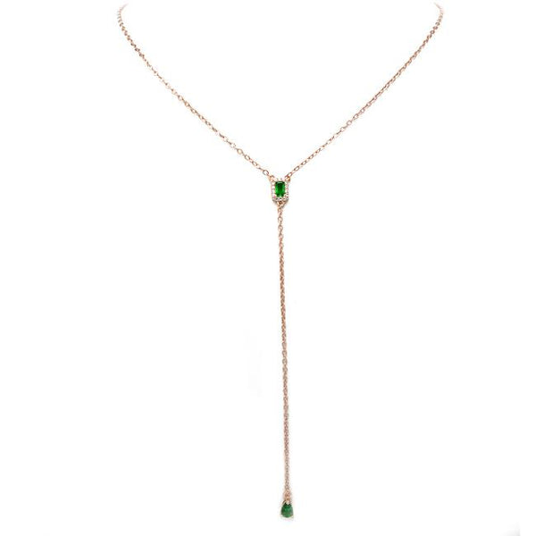 Rose Gold Y Shaped Necklace with Emerald Green CZ Drop Pendant