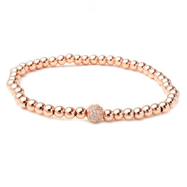 Rose Gold Plated Beaded Stretch Bracelet with CZ Pave Station