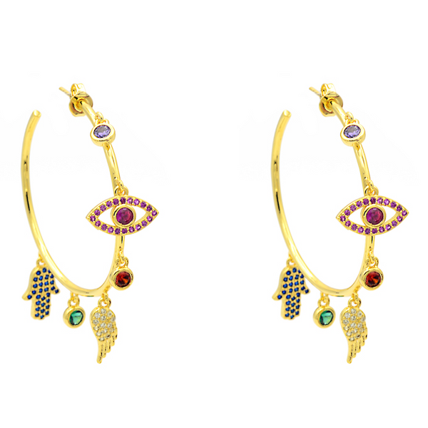 Gold Multi Color Cubic Zirconia Charm Hoop Earrings