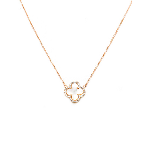 Sterling Silver Rose Gold Plated CZ Clover Pendant Necklace