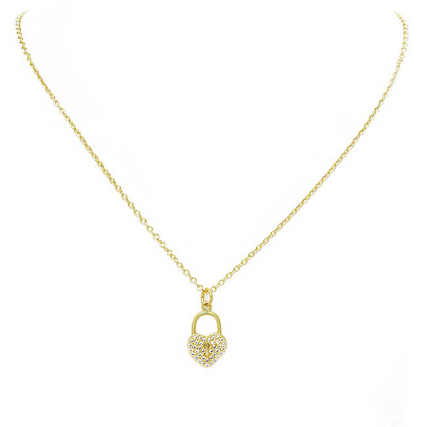 gold cz lock heart necklace