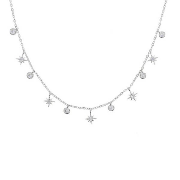 Silver Cubic Zirconia Starburst Charm Necklace