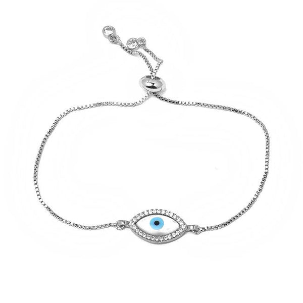 Silver CZ Evil Eye Pull Tie Adjustable Bracelet