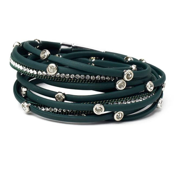 Green Vegan Leather Wrap Bracelet with Crystals