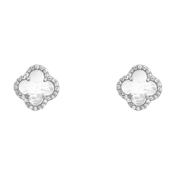 Sterling Silver CZ Clover Earrings with Mother Of Pearl
