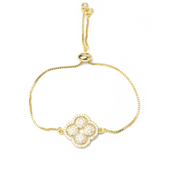 Gold Cubic Zirconia Adjustable Clover Bracelet