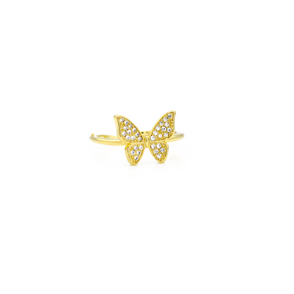 Gold Cubic Zirconia Adjustable Butterfly Ring