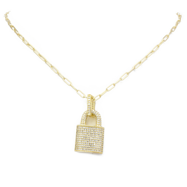 gold cz lock necklace